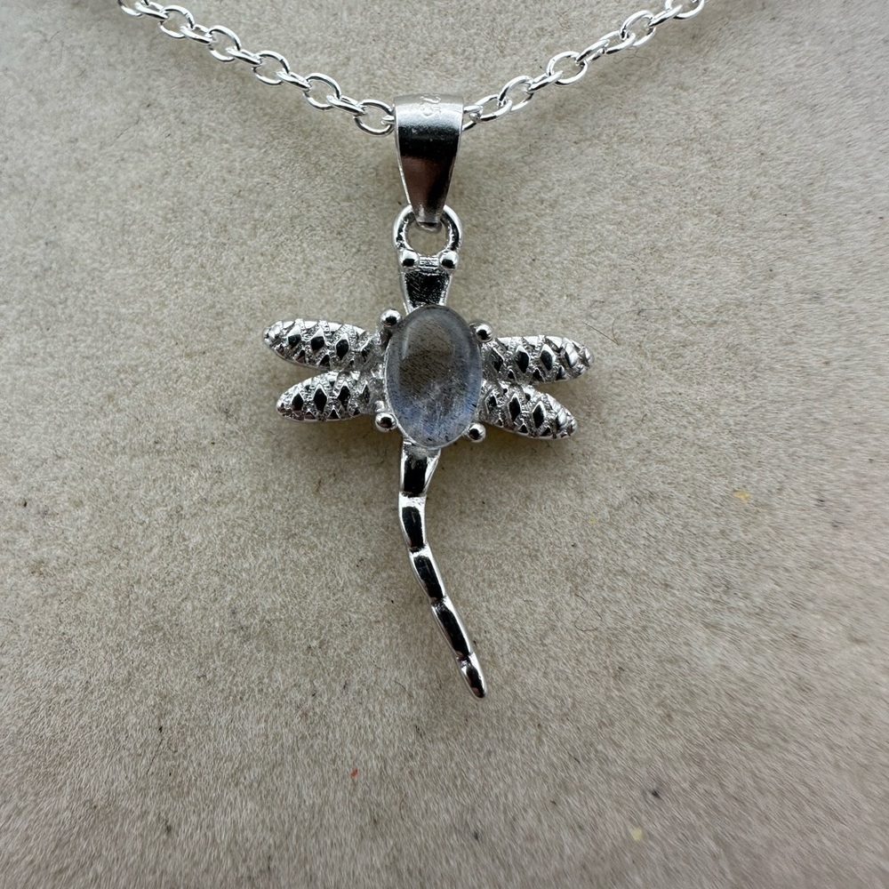 Silver Moonstone Dragonfly Pendant Necklace on Silver Plated Box Chain - Picture 8 of 12